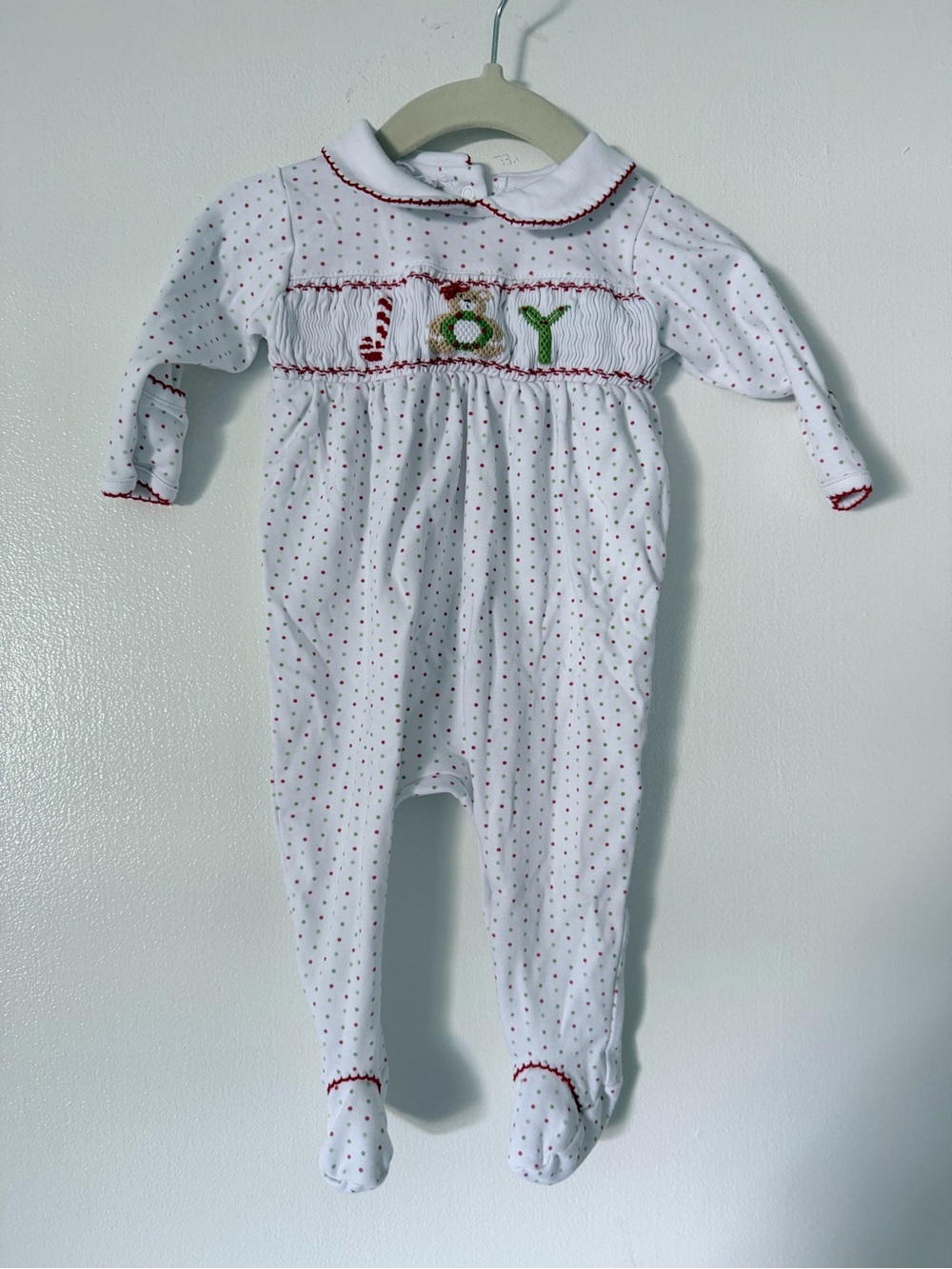 White Polka Smocked 'JOY' Footed One-Piece for Kids